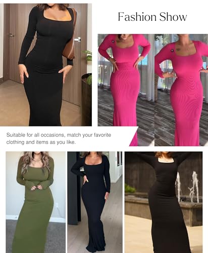 Long Sleeve Maxi Dress Bodycon Cocktail Dress Shapewear Tummy Control Fall Formal Dresses Built-in Bra