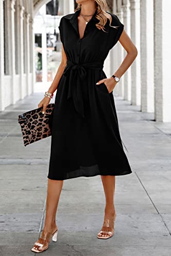 Womens Casual Midi Dresses Solid V Neck Short Sleeve Button Shirt Belted Dress with Pockets for Spring Summer 2025