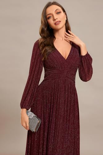 Women's A-Line Long Lantern Sleeves Formal Gowns Empire Waist Long Glitter Evening Dress