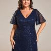 Women's V Neck Sequin Plus Size Ruffle Sleeves Long Formal Dresses 02120-DAPH