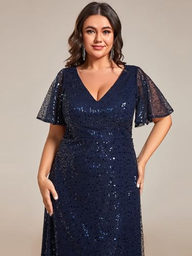 Women's V Neck Sequin Plus Size Ruffle Sleeves Long Formal Dresses 02120-DAPH