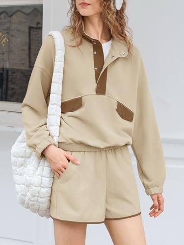 Womens 2 Piece Sets Sweatsuits Casual Half Button Color Block Sweatshirts Running Shorts Tracksuits Fall Outfits