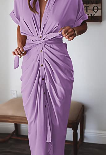 Women Elegant Satin Button Down Short Sleeve Maxi Shirt Dress with Belt