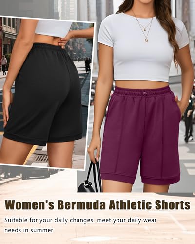3 Pack Women's Athletic Drawstring Shorts Bermuda Long Sweat Short High Waist 9 Inch Loose Casual Pants with Pockets