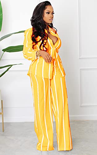 Women's Casual Two Piece Outfits Striped Long Sleeve Collar Button Down Shirt Blouse High Waist Wide Leg Pants Sets