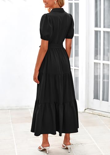 Womens Summer Dresses 2025 Short Sleeve Maxi Dress Casual V Neck Button Down Tiered A Line Flowy Midi Shirt Dress