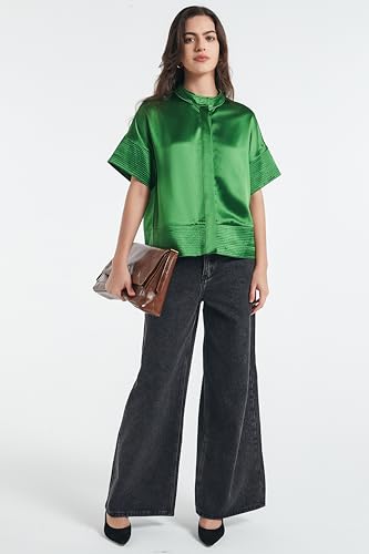 Women's Button Down Shirts Short Sleeve Cropped Dressy Casual Shirts Tops Loose Business Work Blouses