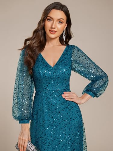 Women's Sparkle Sequin A-Line V Neck Beaded Evening Gown Long Sheer Sleeves Formal Dresses 01999
