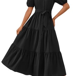 Womens Summer Dresses 2025 Short Sleeve Maxi Dress Casual V Neck Button Down Tiered A Line Flowy Midi Shirt Dress