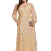 Women's Elegant A-Line V Neck Sheer Long Sleeves Plus Size Sequin Formal Dress Evening Gown