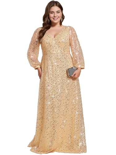 Women's Elegant A-Line V Neck Sheer Long Sleeves Plus Size Sequin Formal Dress Evening Gown