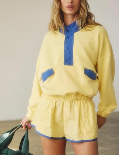 Quarter Button Sweatsuits Women Oversized Color Block Sweatshirts Sets Shorts Tracksuits 2025 Casual 2 Piece Outfits