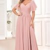 Women's Chiffon Flutter Sleeve Bridesmaid Dress Long with Slit V-Neck Pleated Formal Evening Party Gowns