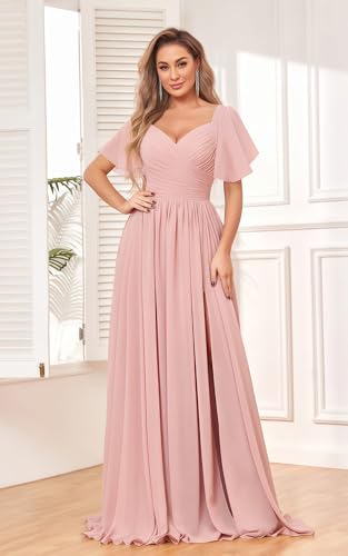 Women's Chiffon Flutter Sleeve Bridesmaid Dress Long with Slit V-Neck Pleated Formal Evening Party Gowns