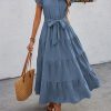 Women's Summer Casual Dresses 2025 Cap Ruffle Sleeve V Neck Button Belted Tiered Boho Maxi Dress with Pockets