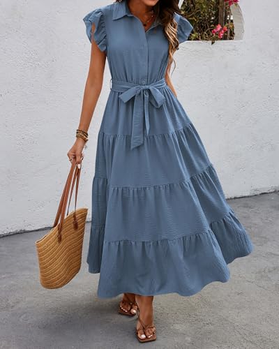 Women's Summer Casual Dresses 2025 Cap Ruffle Sleeve V Neck Button Belted Tiered Boho Maxi Dress with Pockets