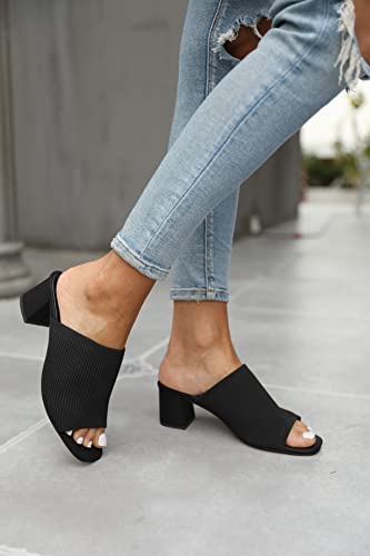 Women's Open Toe Heeled Mules Block Heels Sandals Knit Chunky Square Heels Slip On Breathable Slides Sandal