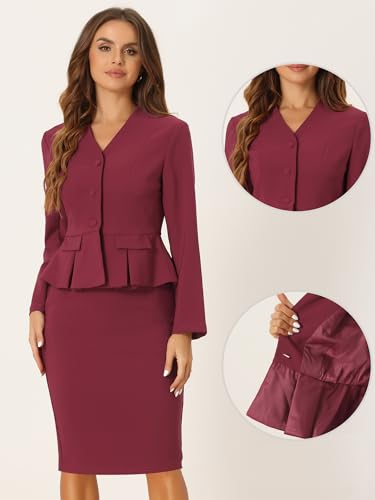 Business Suit Sets for Women's 2 Piece Outfits Collarless Peplum Blazer Formal Pencil Skirt Suit
