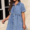 Denim Dress for Women with Pockets Short Sleeve Babydoll Denim Shirt Dresses for Women 2025