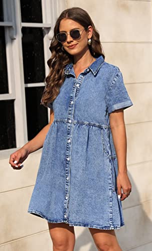 Denim Dress for Women with Pockets Short Sleeve Babydoll Denim Shirt Dresses for Women 2025