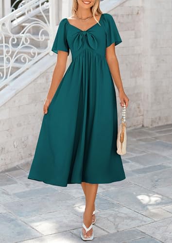 Summer Dress for Women 2025 Casual Short Sleeve Bow Tie V Neck Ruffle Midi Flowy Dresses