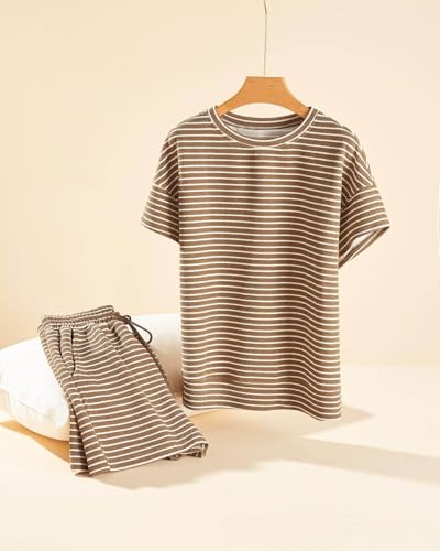 Womens 2 Piece Sets Summer Lounge Sets Striped Short Sleeve Oversized T Shirts Drawstring Shorts Matching Set