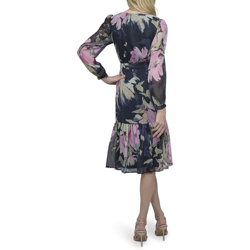 Women's Long Sleeve V-Neck Tie Waist Midi Dress