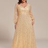 Women's Elegant A-Line V Neck Sheer Long Sleeves Plus Size Sequin Formal Dress Evening Gown