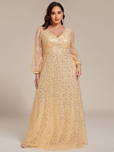 Women's Elegant A-Line V Neck Sheer Long Sleeves Plus Size Sequin Formal Dress Evening Gown