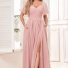 Women's Chiffon Flutter Sleeve Bridesmaid Dress Long with Slit V-Neck Pleated Formal Evening Party Gowns