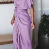 Women Elegant Satin Button Down Short Sleeve Maxi Shirt Dress with Belt