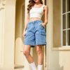 Bermuda Cargo Denim Shorts for Women Knee Length 6 Pockets Elastic Waist Long Jorts for Summer Casual
