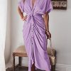 Women Elegant Satin Button Down Short Sleeve Maxi Shirt Dress with Belt