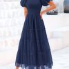 Women's Smocked Tulle Midi Dress 2025 Summer Square Neck Puffy Short Sleeve Ruffle Wedding Guest Party Dresses