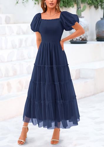 Women's Smocked Tulle Midi Dress 2025 Summer Square Neck Puffy Short Sleeve Ruffle Wedding Guest Party Dresses