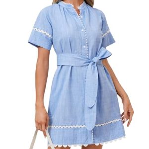 Women's Short Sleeve Summer Shirt Dress Button Down Belted Tunic Mini Dresses RIC Rac Trim Sundress with Pockets