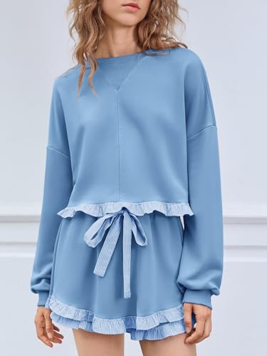 Women's 2 Piece Lounge Sets Ruffle Color Block Cropped Sweatshirts Casual Drawstring Shorts Fall Loose Sweatsuits