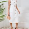 Women's Button Down Shirt Dress Sleeveless Collared A-line Maxi Dress with Belt