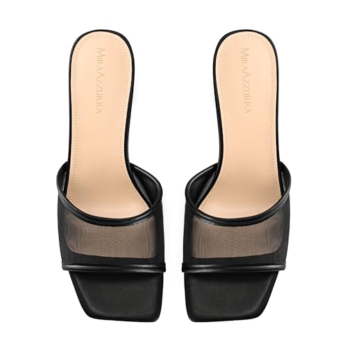Heel Mules for Woman Square Open Toe Chunky Block Heel Slip on Heeled Sandals Casual Comfort Party Shoes