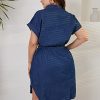 Women's Summer Denim Cotton Shirt Dress Short Sleeves Knee Length Button Down Casual Dress with Pockets