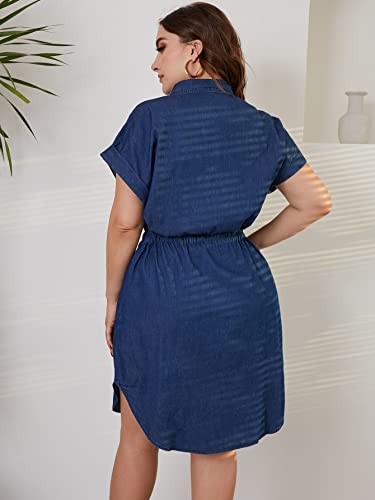 Women's Summer Denim Cotton Shirt Dress Short Sleeves Knee Length Button Down Casual Dress with Pockets