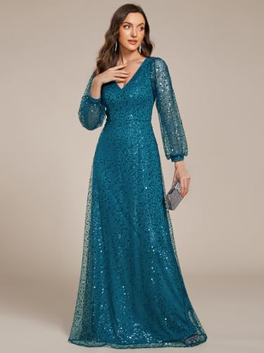 Women's Sparkle Sequin A-Line V Neck Beaded Evening Gown Long Sheer Sleeves Formal Dresses 01999