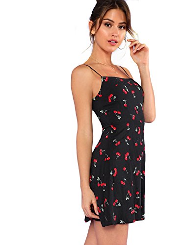 Women's Summer Floral Cherry Print A Line Short Cami Dress