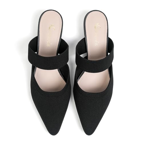 Pointed Toe Mules for Women Chunky Low Heeled Sandals Breathable Backless Mesh Knit Slip on Loafers