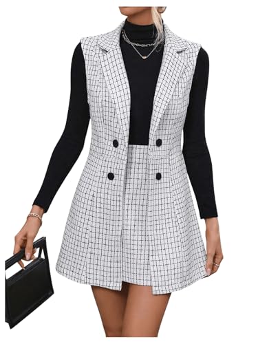 Women's 2 Piece Outfit Workwear Plaid Print Lapel Neck Vest Blazer and Skirt Set