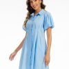 Women's Short Puff Sleeve Shirt Dress Button Down Pleated Mini Dress Summer Casual Short Dresses