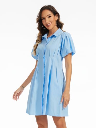 Women's Short Puff Sleeve Shirt Dress Button Down Pleated Mini Dress Summer Casual Short Dresses