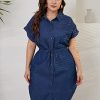 Women's Summer Denim Cotton Shirt Dress Short Sleeves Knee Length Button Down Casual Dress with Pockets