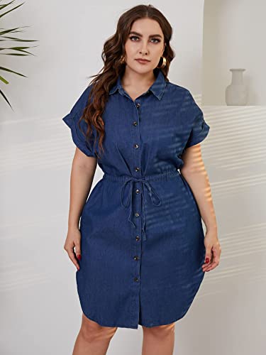 Women's Summer Denim Cotton Shirt Dress Short Sleeves Knee Length Button Down Casual Dress with Pockets