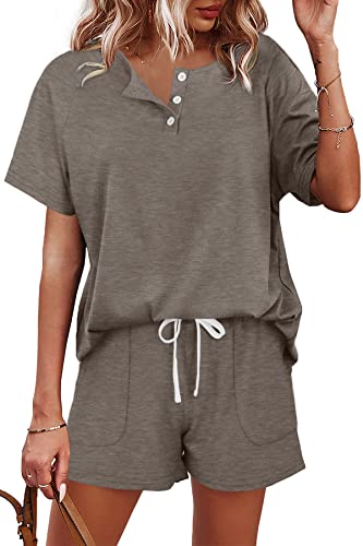 Two Piece Outfits for Women Lounge Sets Button Down Top and Shorts Set Sweatsuits with Pockets
